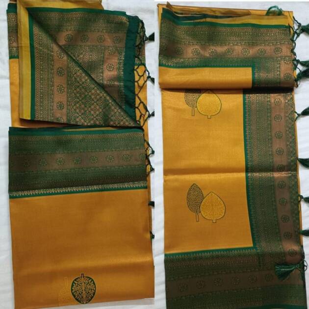 Golden Mustard & Green Banarasi Silk Saree