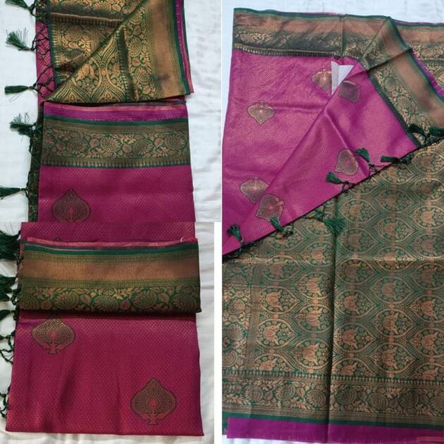 Magenta Pink & Green Banarasi Silk Saree