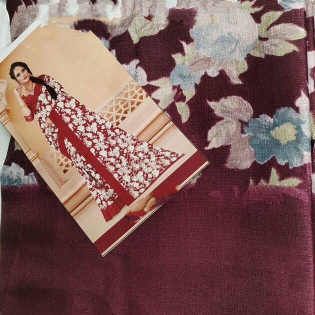 Maroon base with multi-colored floral patterns